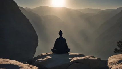  Yoga on mountain top at sunset monk or girl meditating outdoor generative AI  © Daniyal