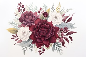 Experience the timeless beauty of lush burgundy florals paired with dark foliage in a classic watercolor painting. Perfect for any elegant design project