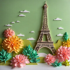 Blooming Paris and Eiffel tower paper art. Generative ai