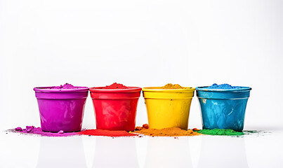 Buckets of Colorful Holi Colors Banner Background with Copy Space - obrazy, fototapety, plakaty