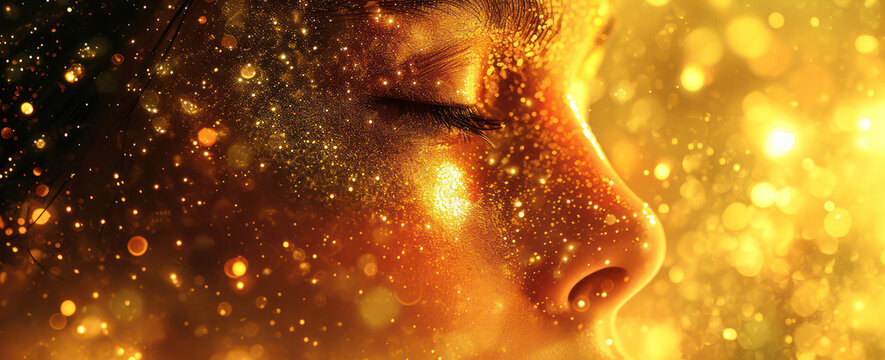 Golden Glamour: Glowing Abstract Background with Sparkling Black Bokeh Design