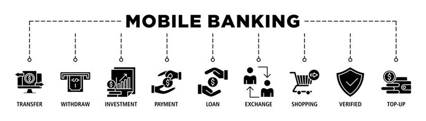 Mobile banking banner web icon set vector illustration concept with icon of transfer, withdraw, investment, payment, loan, exchange, shopping, verified and top-up