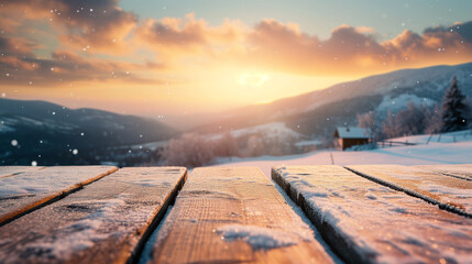 Fototapeta na wymiar The empty wooden table top with snow and frost for your decoration of product or text and landscape of winter mountains with a small rural home and sunset time