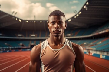 Fototapeta na wymiar Portrait of a track and field athlete at a competition against the background of a stadium