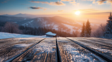 The empty wooden table top with snow and frost for your decoration of product or text and landscape of winter mountains with a small rural home and sunset time