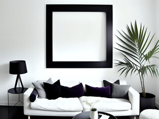 breiter schwarzer Bilderrahmen über einem Sofa