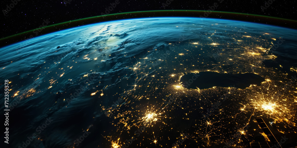 Wall mural big city lights view from space. planet earth globe with night realistic world map. communication co