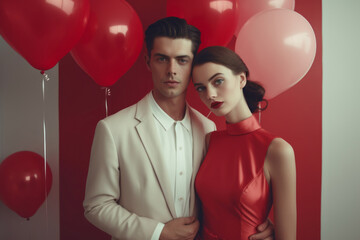 Stylish couple next to a wall with pink and red balloons. Valentine's Day concept. Love and romance theme
