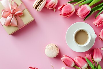 Morning Coffee with Macaron Cake, Gift Box, and Spring Vibes.
