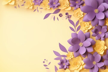 Happy Mothers day banner with purple flowers on yellow background, text for holiday graphic. Bright...