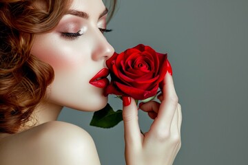 Profile Portrait of a Model Girl Holding a Red Rose.