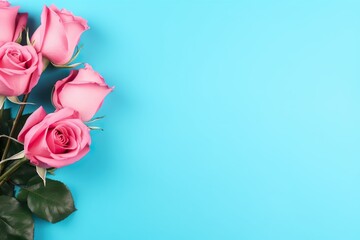 Hot pink roses on blue banner background with copy space for valentine or mother's day holiday.