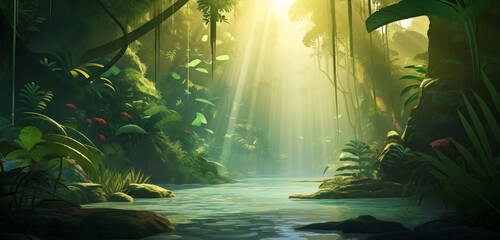 Rio no meio da floresta verde tropical com a luz de um dia ensolarado - Ilustração 