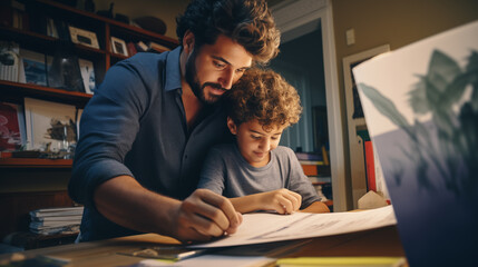 Homem brasileiro ajudando seu filho no dever de casa 