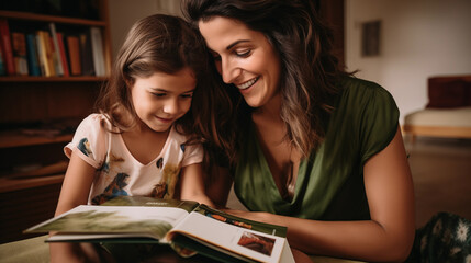Uma mulher brasileira lendo um livro de historias com sua filha  - obrazy, fototapety, plakaty