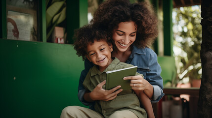 Uma mulher brasileira lendo um livro de historias com seu filho 