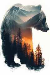 Bear in double exposure of forest mountains, silhouette