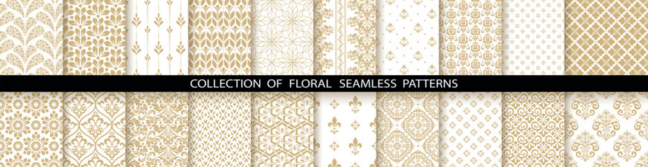 Obraz premium Geometric floral set of seamless patterns. White and gold vector backgrounds. Damask graphic ornaments