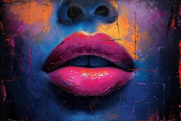 painting abstract art of female pink red lips mouth.