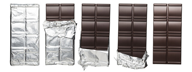 Collage of different dark chocolate bars wrapped in foil, isolated on transparent background, top view