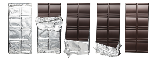 Collage of different dark chocolate bars wrapped in foil, isolated on transparent background, top view