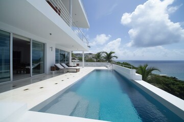 Stunning villa featuring contemporary design, pool, and ocean vista. Generative AI