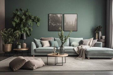 Decorative living area with contemporary furnishings, stylish accents, and a calming eucalyptus wall. Home staging with ample copy space. Generative AI