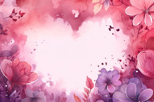 Romantic Valentine's Day Background with Pink Love Heart. Watercolor Flowers Illustration with copy-space