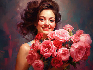 A beautiful woman holding a rose flower bouquet - ai generative