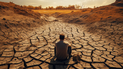 Man sits on cracked ground near dry river. Back view. Drought concept. Water crisis and arid environment. Generative AI