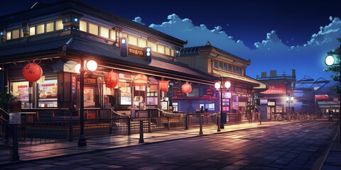 Fototapeta na wymiar Nighttime scene of a street corner with a restaurant and lanterns .