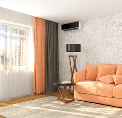 Air conditioner in the room on the wall. 3d illustration.
