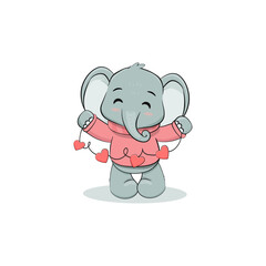 Cute cartoon elephant with pink hearts isolated on white background . Postcard for Valentine's Day, Mothers day. Vector illustration
