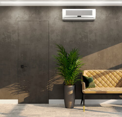Modern living room with air conditioning on the wall with decorative plaster. 3d illustration