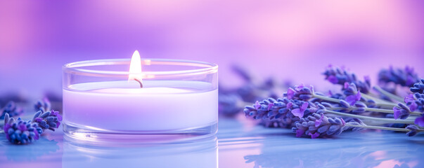 Burning aromatic candle and lavender branch on table. Wide banner with copy space for text. Graphic resource by Vita