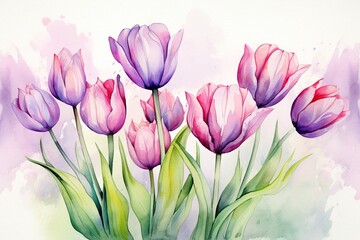 Obraz na płótnie Canvas Spring tulips in watercolor style. Luxurious background for postcards, delicate flowers