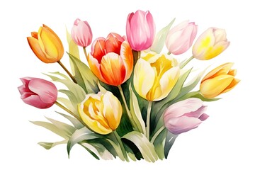 Spring tulips in watercolor style. Luxurious background for postcards, delicate flowers