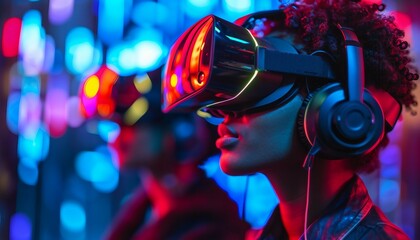  business focused on virtual reality experiences, showcasing immersive technology, interactive simulations, and the excitement of cutting-edge entertainment in a virtual world. generative - obrazy, fototapety, plakaty