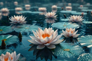 top view of a lotus blossoms on deep blue water, a botanical fusion. cinematic, unreal engine,