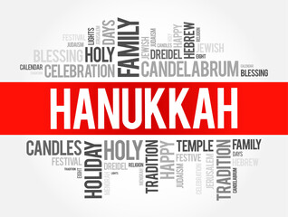 Fototapeta premium Hanukkah - Jewish festival commemorating the recovery of Jerusalem and subsequent rededication of the Second Temple, word cloud concept background
