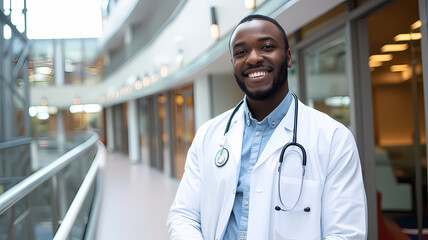 a black male doctor smiling and standing confidently wearing a white lab coat