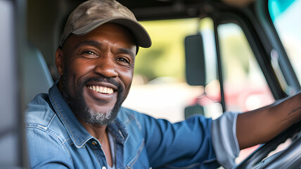 a black male delivery truck driver smiling while working