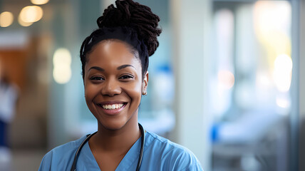 a friendly smiling black female nurse wearing scrubs in a hospital