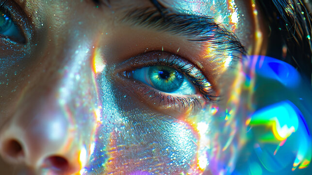 Woman face with iridescent fictional make up. 