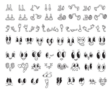 Vintage cartoon hands in gloves and feet in shoes.Comic hand gestures and walking legs vector set. Cute animated characters body parts. Set of retro cartoon mascot characters. 