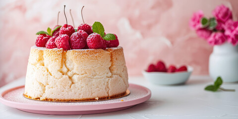 Angel Food Cake with raspberries on Pastel background with copy space.  Elegant fluffy sponge Angel...