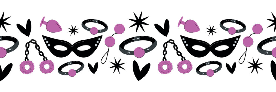Seamless sex toys border. Mask, handcuffs, anal plug, vaginal balls. For the design of a sex shop website and packaging.