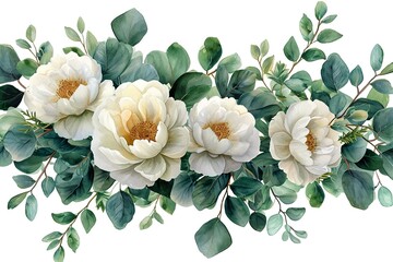 Watercolor floral illustration - white flowers, rose, peony, leaves and branches wreath frame. Wedding stationary, greetings, wallpapers, fashion, background. Eucalyptus, olive, green - obrazy, fototapety, plakaty