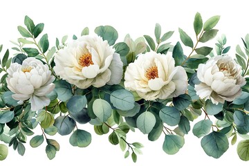 Watercolor floral illustration - white flowers, rose, peony, leaves and branches wreath frame. Wedding stationary, greetings, wallpapers, fashion, background. Eucalyptus, olive, green