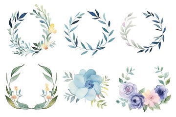 Fototapeta na wymiar Watercolor floral illustration bouquet set collection green blush blue yellow pink frame, border, bouquet, wreath; wedding stationary, greetings, wallpaper, fashion, posters, background. Leaves, rose.